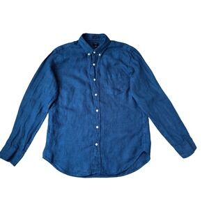 J.Crew Mens Long Sleeve Slim Fit 100% Linen Button Down Shirt Blue Gingham Plaid